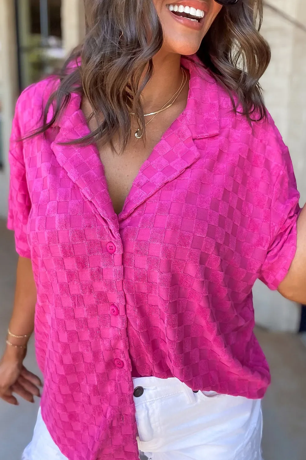 Bright Pink Lapel Neck Checkered Textured Shirt