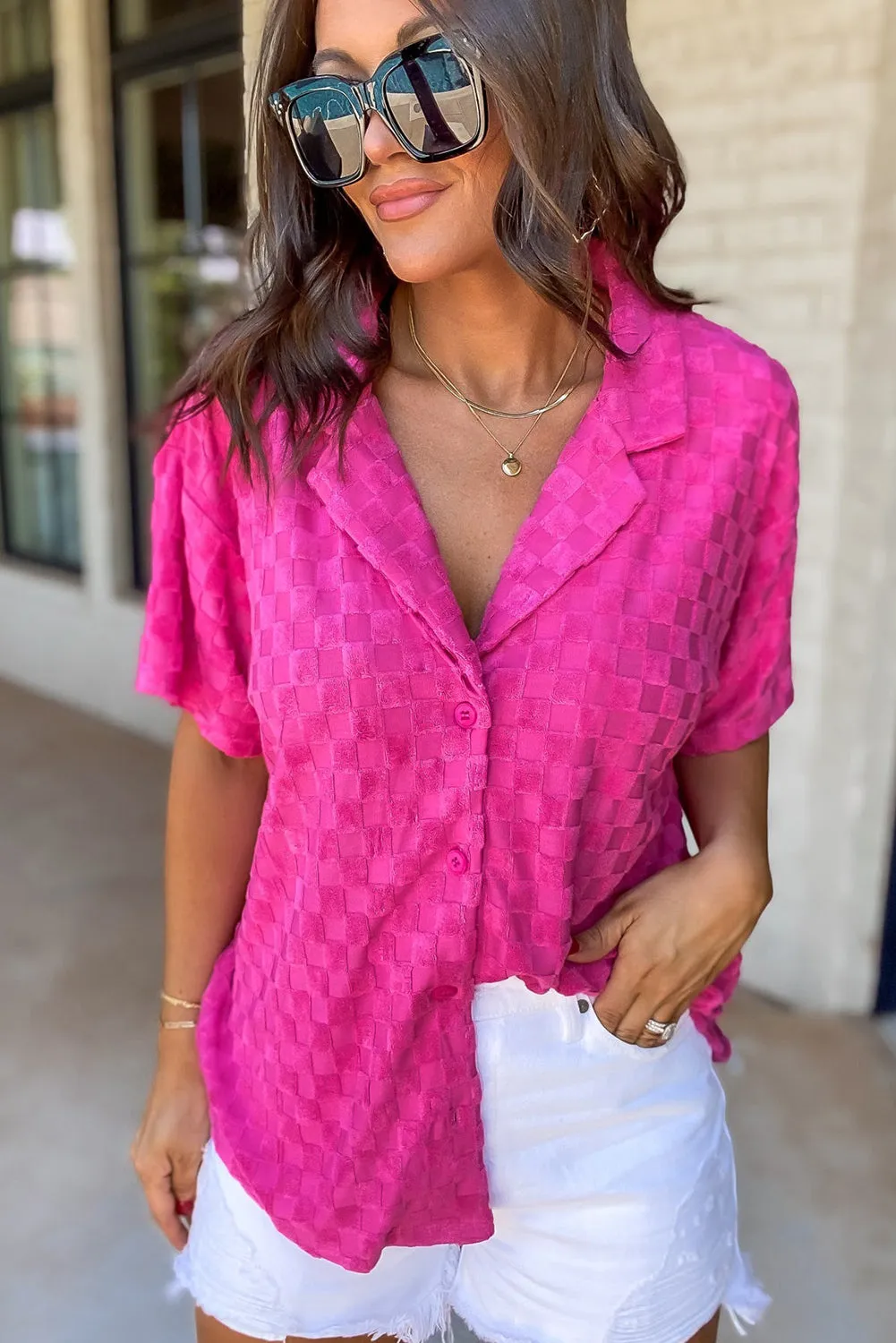 Bright Pink Lapel Neck Checkered Textured Shirt