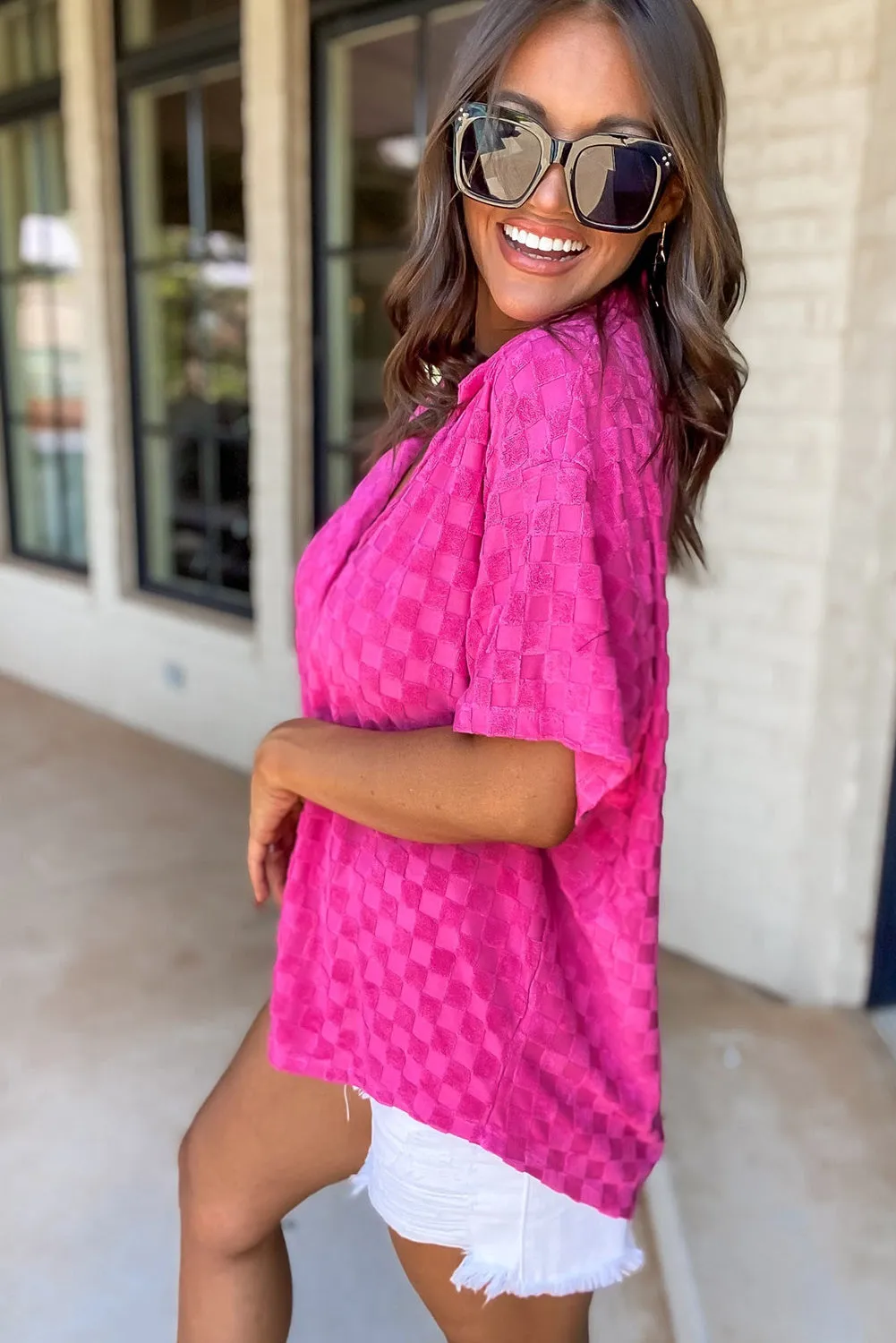 Bright Pink Lapel Neck Checkered Textured Shirt
