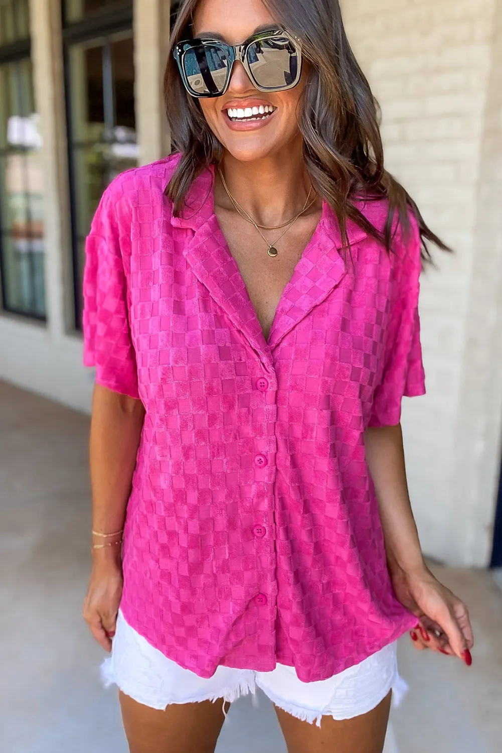 Bright Pink Lapel Neck Checkered Textured Shirt