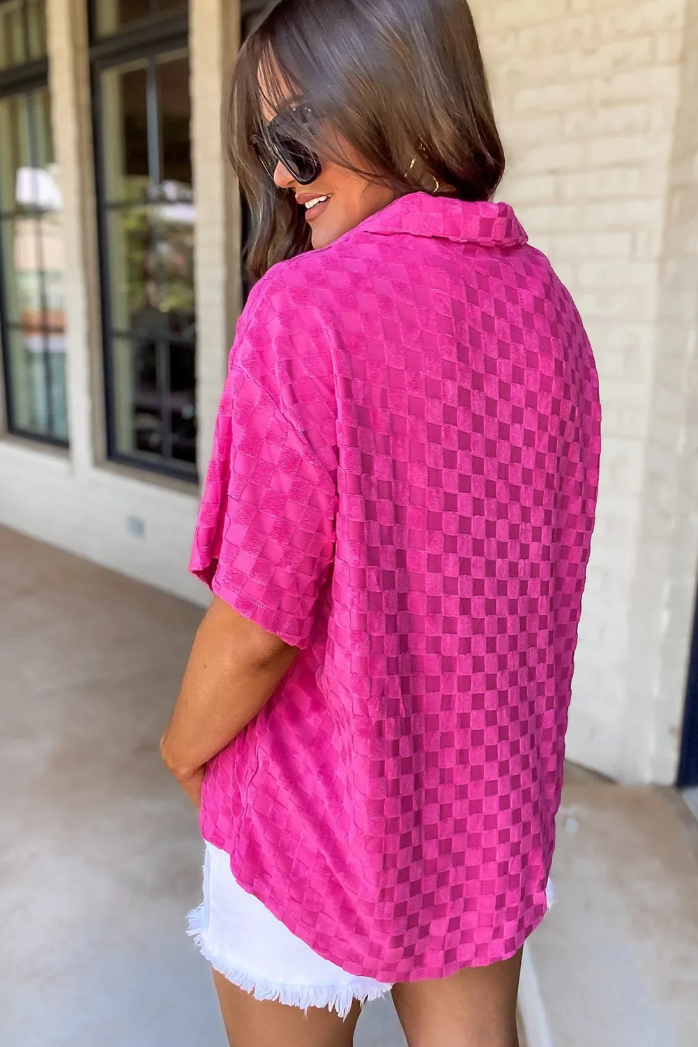 Bright Pink Lapel Neck Checkered Textured Shirt
