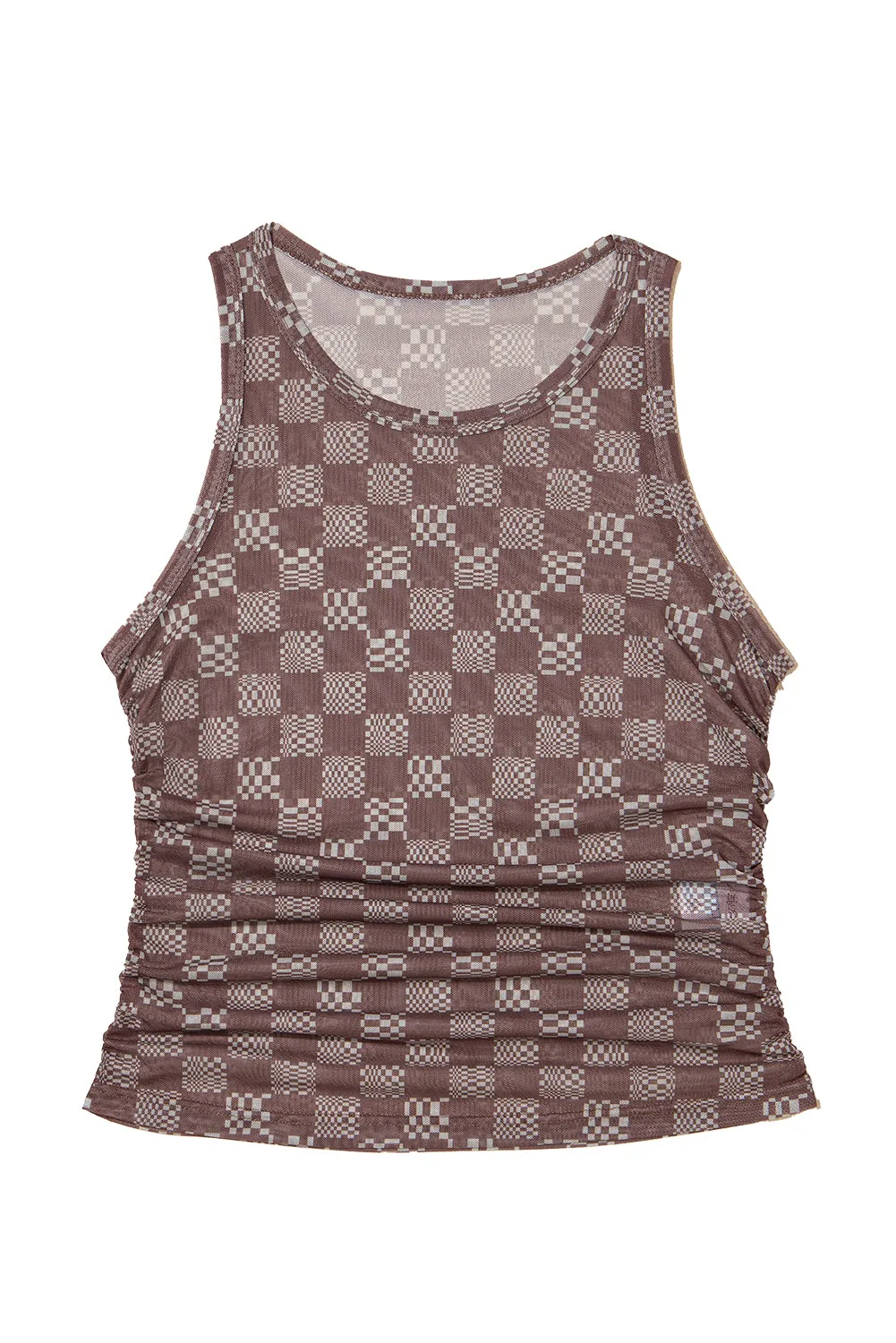 Brown Checkered Printed Ruched Mesh Slim Fit Tank Top