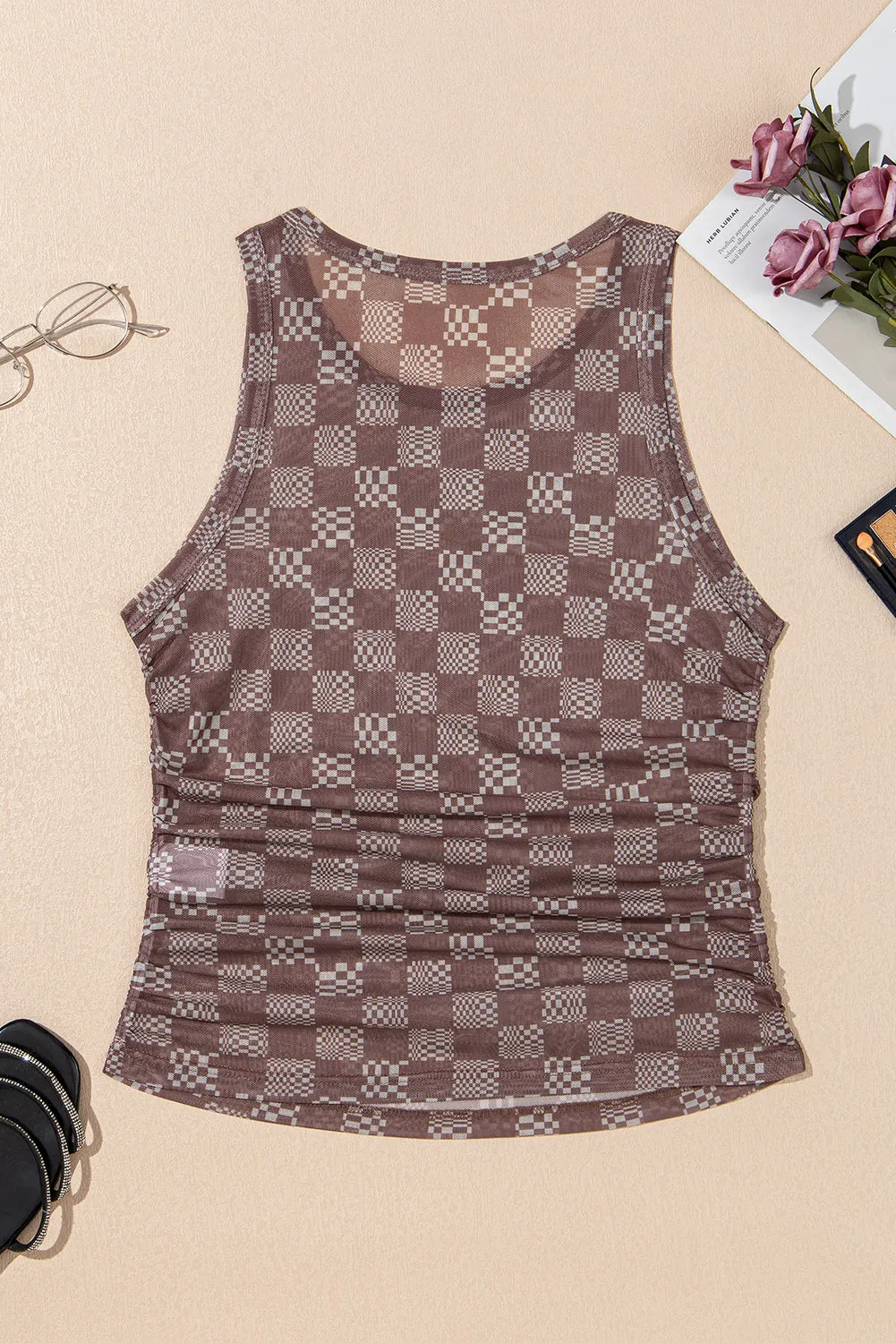 Brown Checkered Printed Ruched Mesh Slim Fit Tank Top