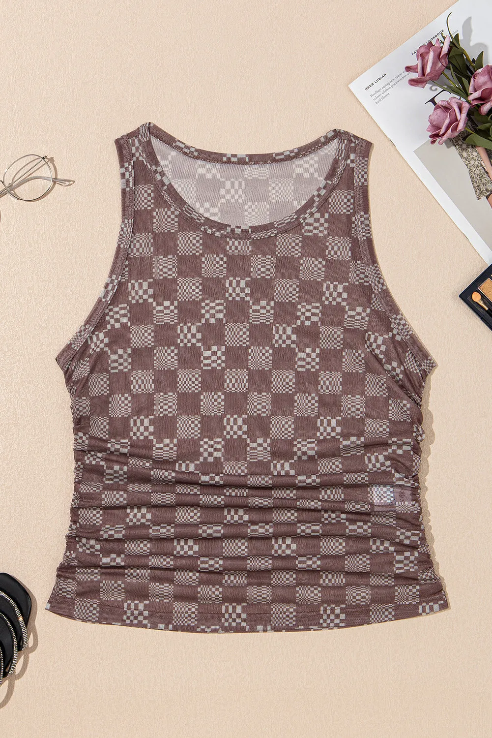 Brown Checkered Printed Ruched Mesh Slim Fit Tank Top
