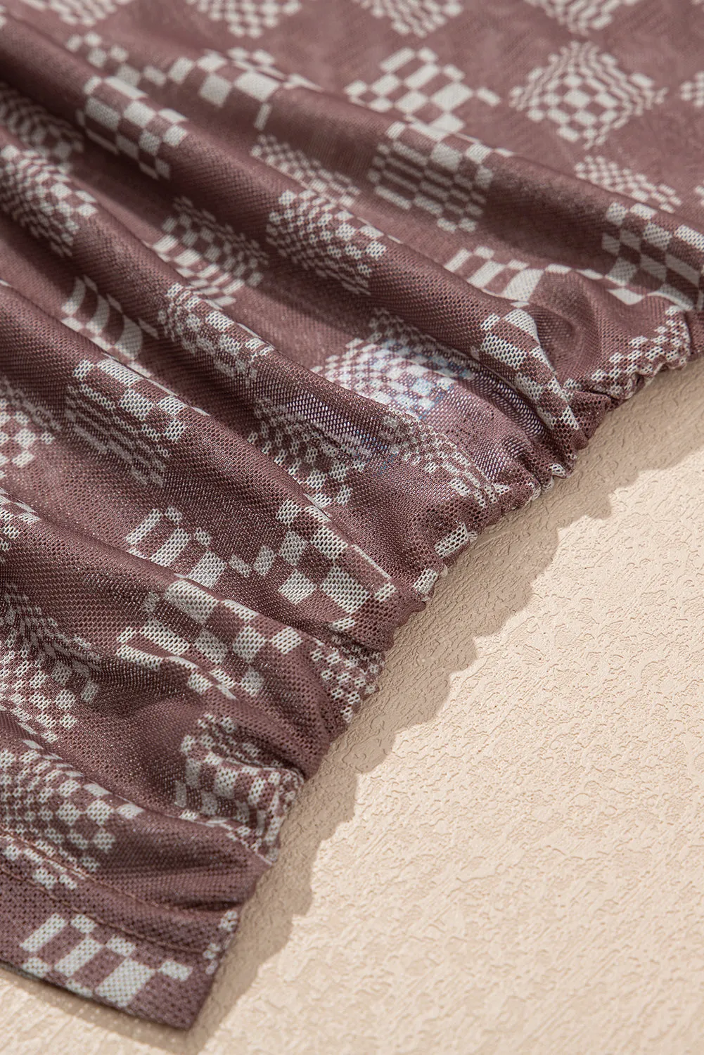 Brown Checkered Printed Ruched Mesh Slim Fit Tank Top