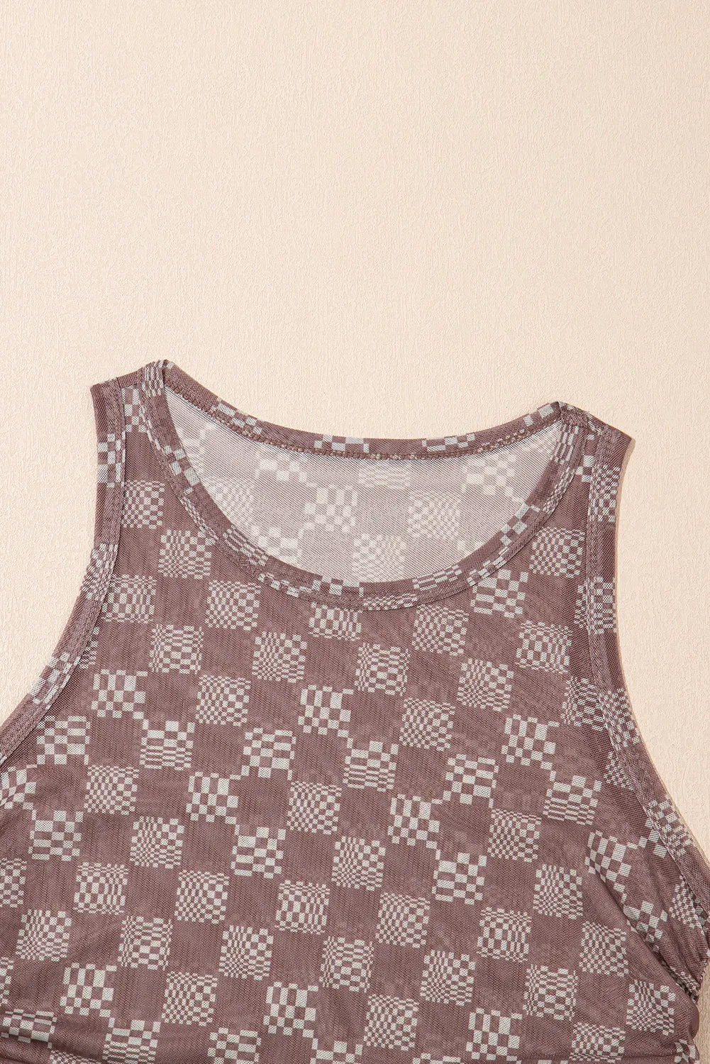 Brown Checkered Printed Ruched Mesh Slim Fit Tank Top