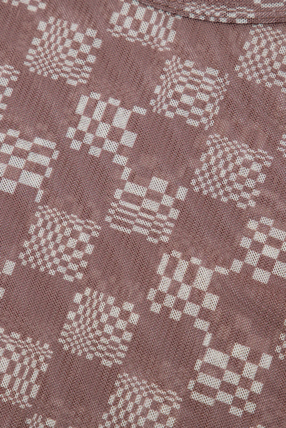 Brown Checkered Printed Ruched Mesh Slim Fit Tank Top