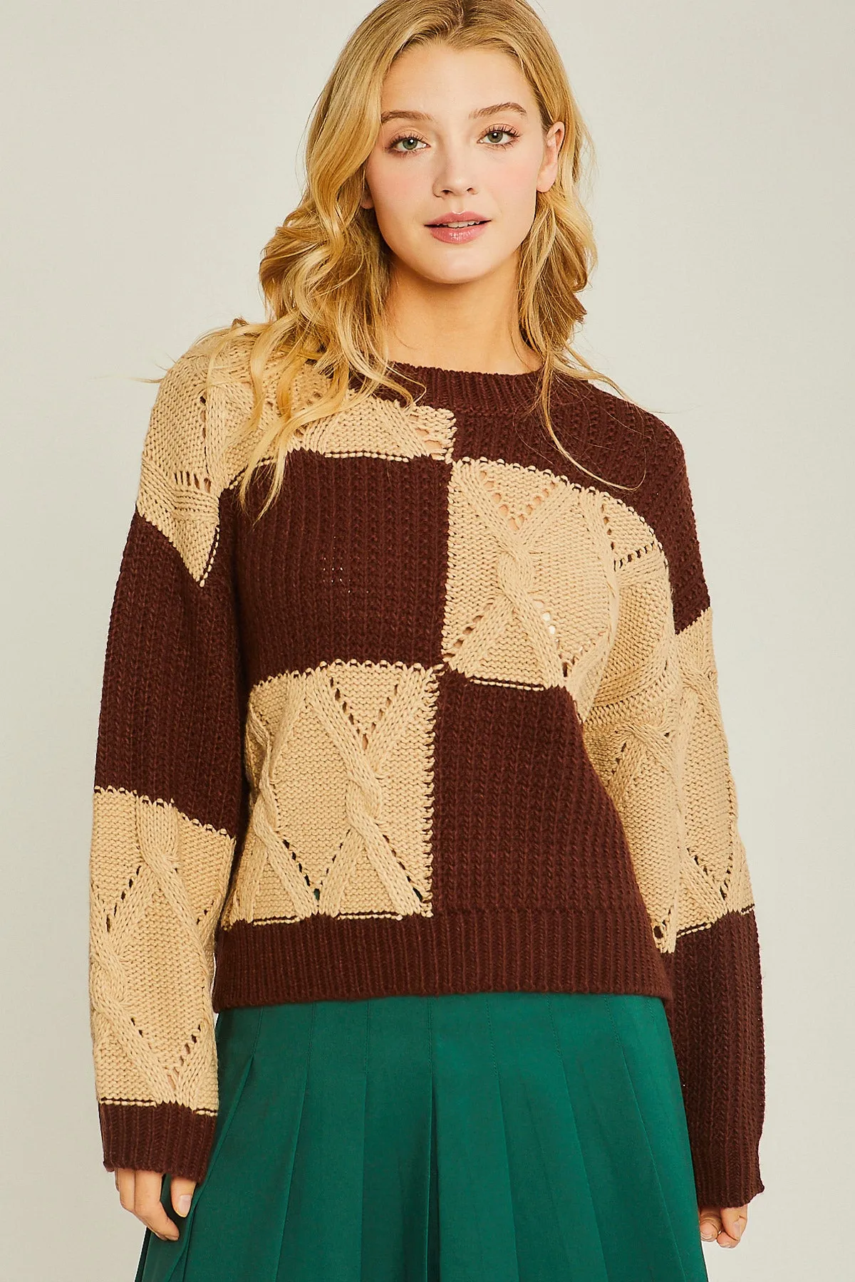 Brown Diamond Cutout Checkered Sweater