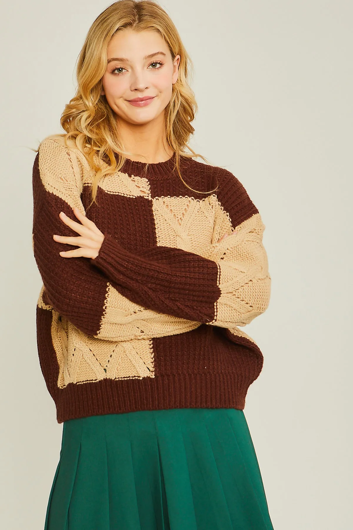 Brown Diamond Cutout Checkered Sweater