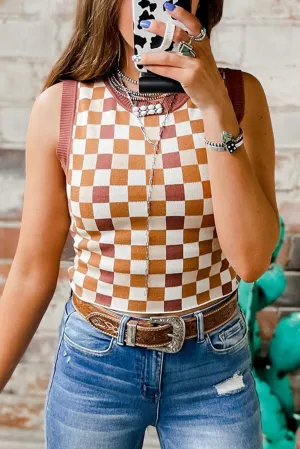 Brown Ribbed Trim Checkered Knit Sweater Vest