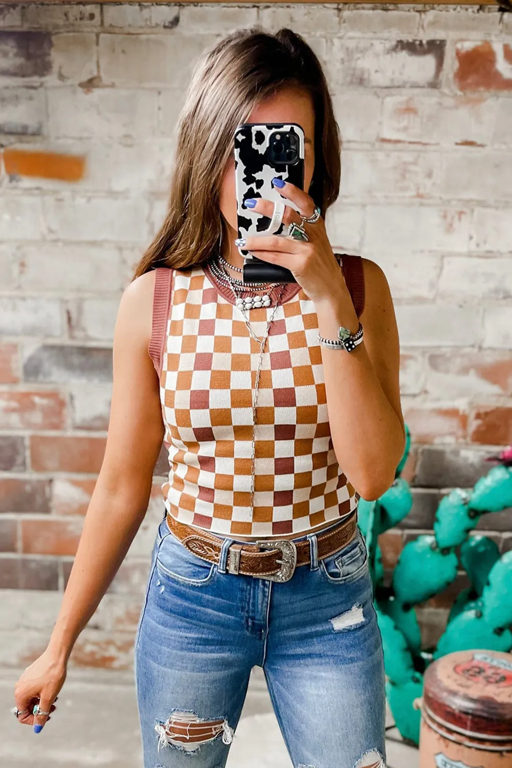 Brown Ribbed Trim Checkered Knit Sweater Vest
