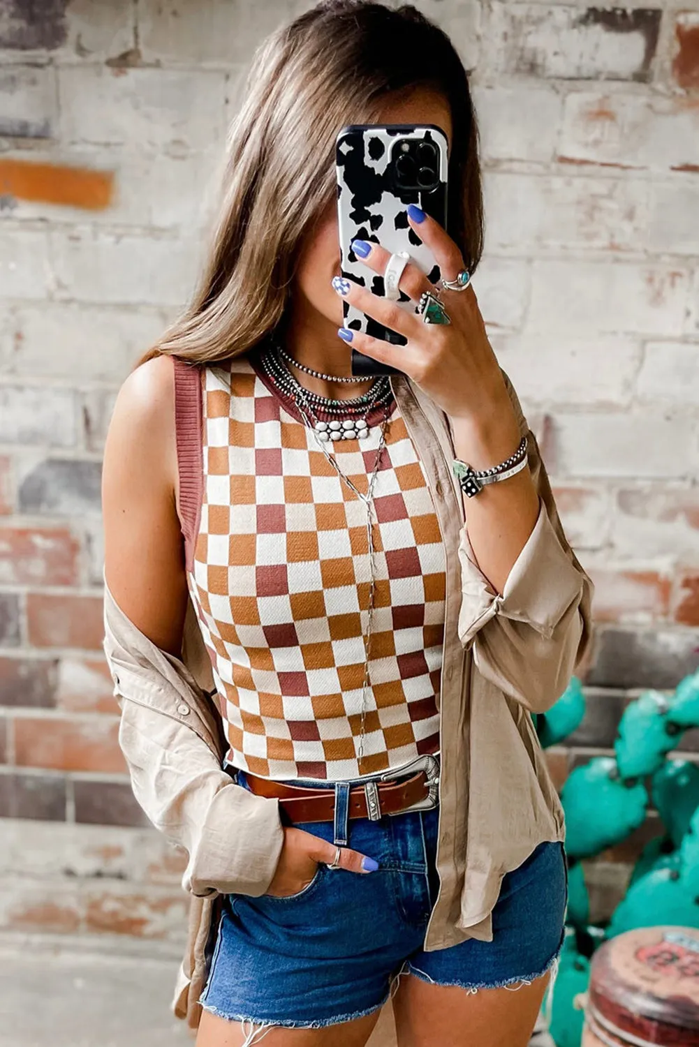 Brown Ribbed Trim Checkered Knit Sweater Vest