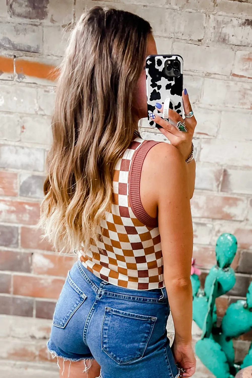 Brown Ribbed Trim Checkered Knit Sweater Vest