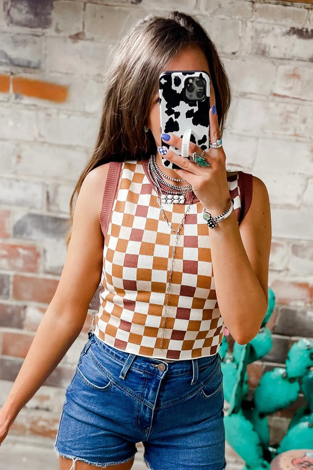 Brown Ribbed Trim Checkered Knit Sweater Vest