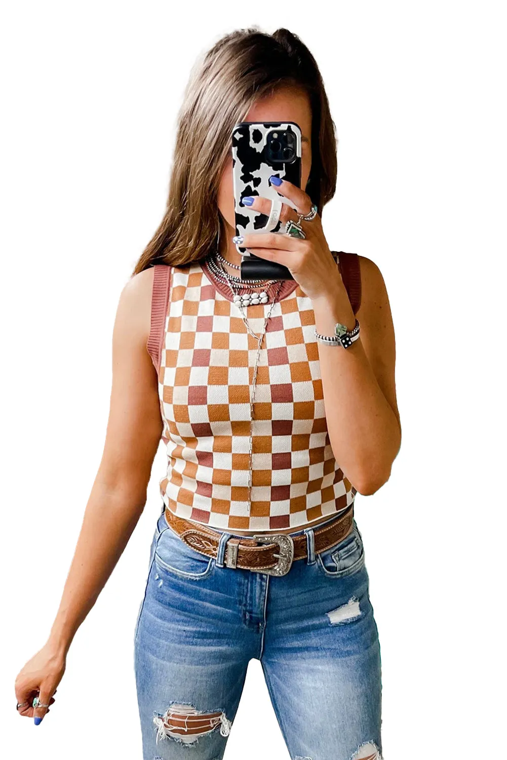 Brown Ribbed Trim Checkered Knit Sweater Vest
