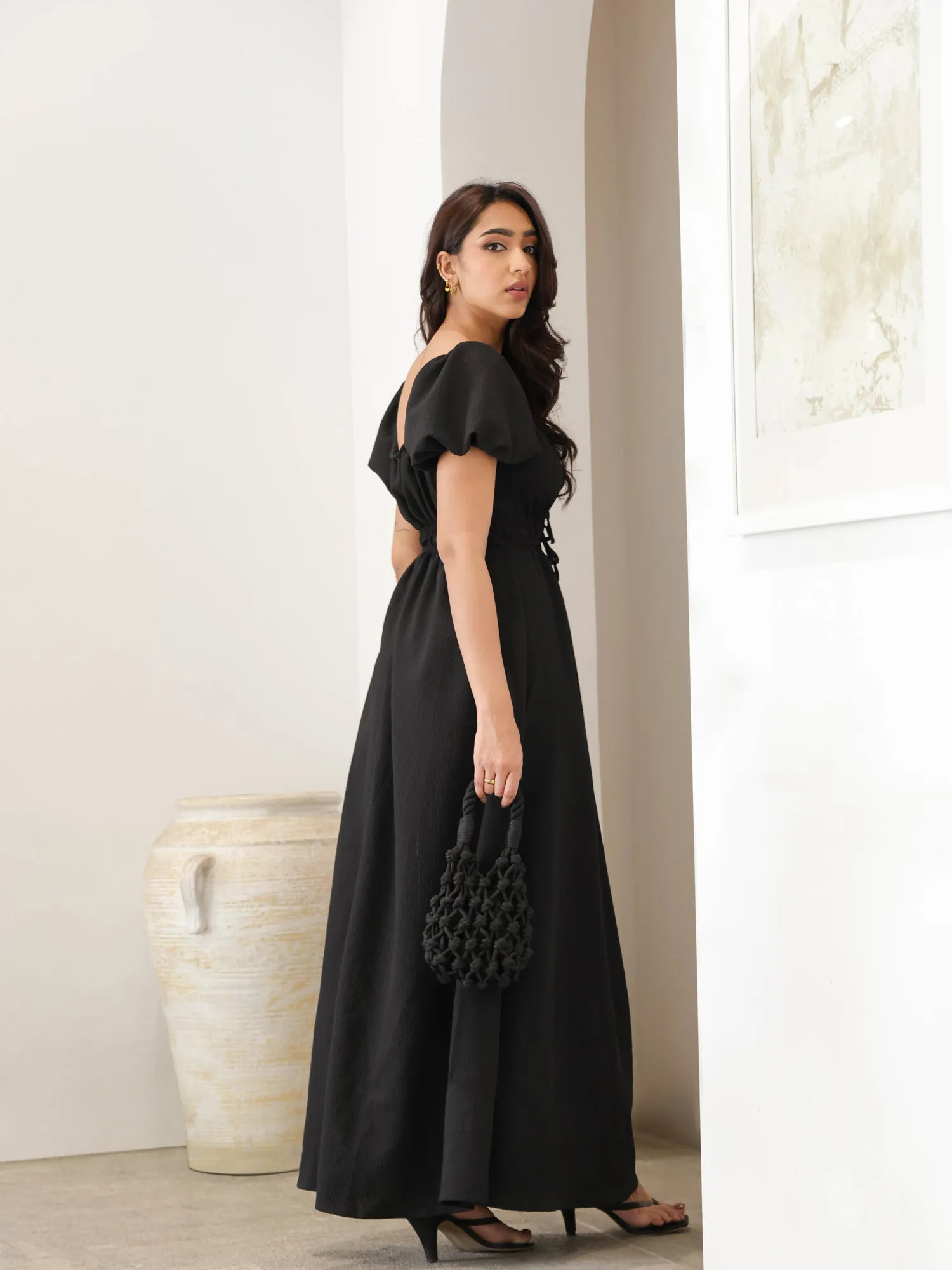 Bustier Detailed Puff Sleeved Maxi Dress