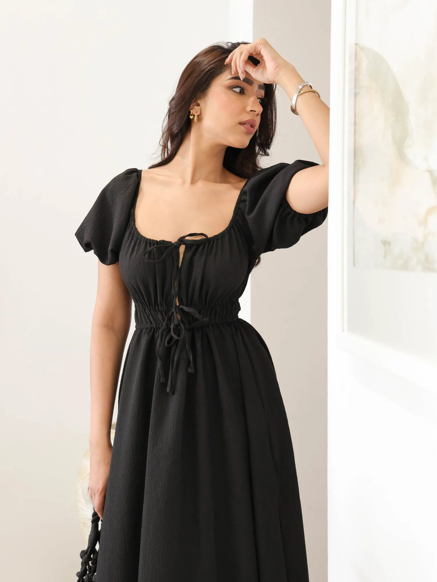 Bustier Detailed Puff Sleeved Maxi Dress
