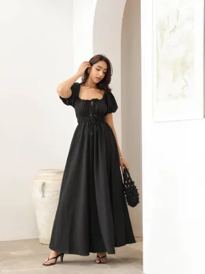 Bustier Detailed Puff Sleeved Maxi Dress