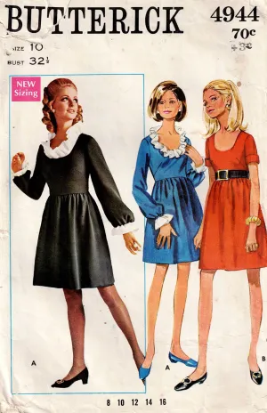 Butterick 4944 Womens High Waisted Dress with Optional Ruffles 1960s Vintage Sewing Pattern Size 12 Bust 32.5 inches
