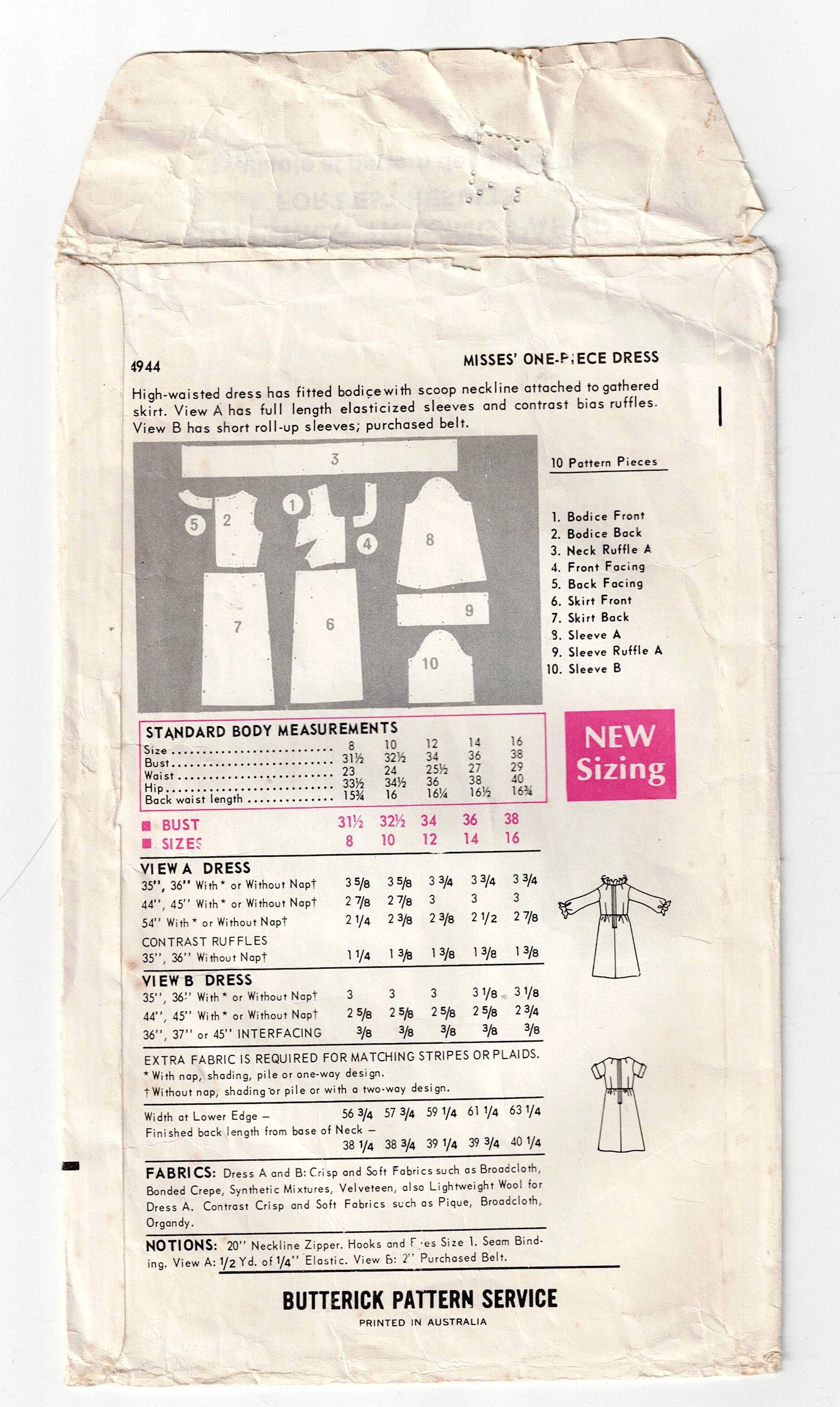 Butterick 4944 Womens High Waisted Dress with Optional Ruffles 1960s Vintage Sewing Pattern Size 12 Bust 32.5 inches