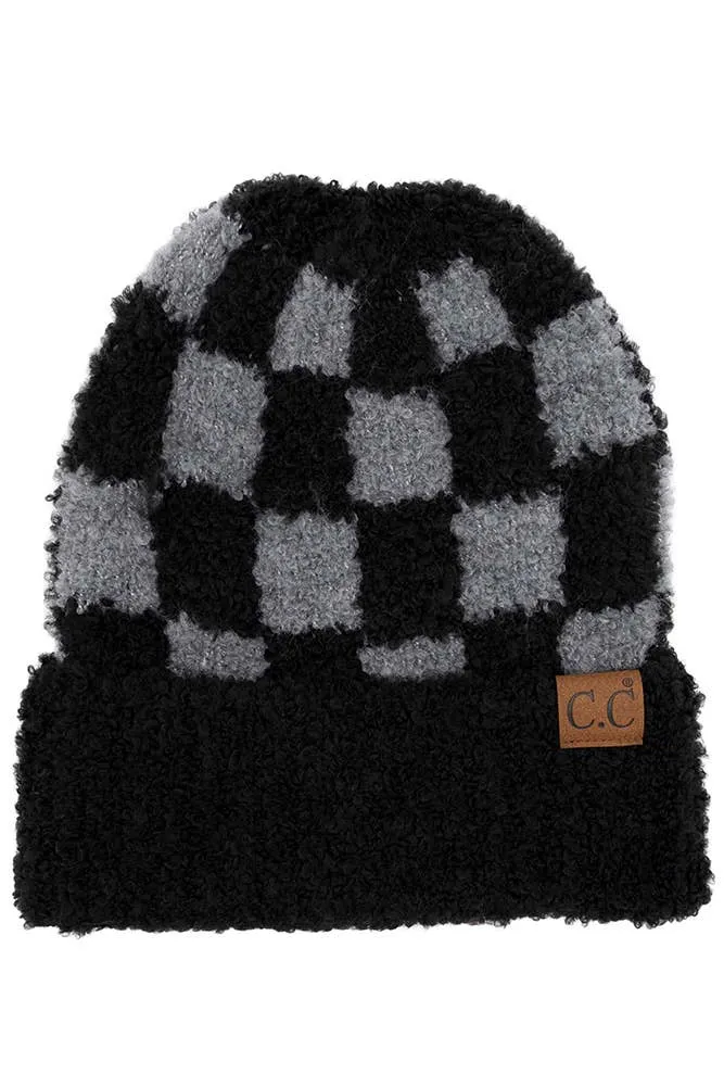 C.C Checkered Pattern Boucle Cuff Beanie