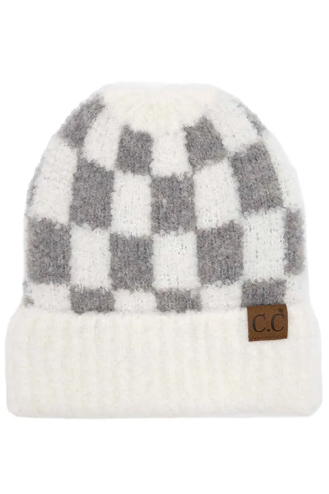 C.C Checkered Pattern Boucle Cuff Beanie