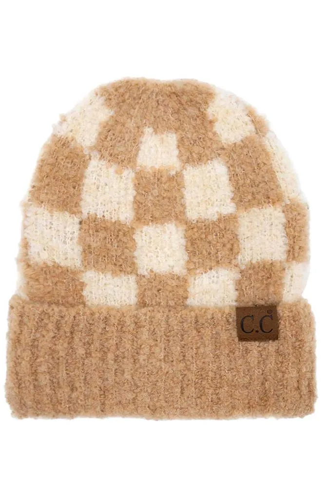 C.C Checkered Pattern Boucle Cuff Beanie