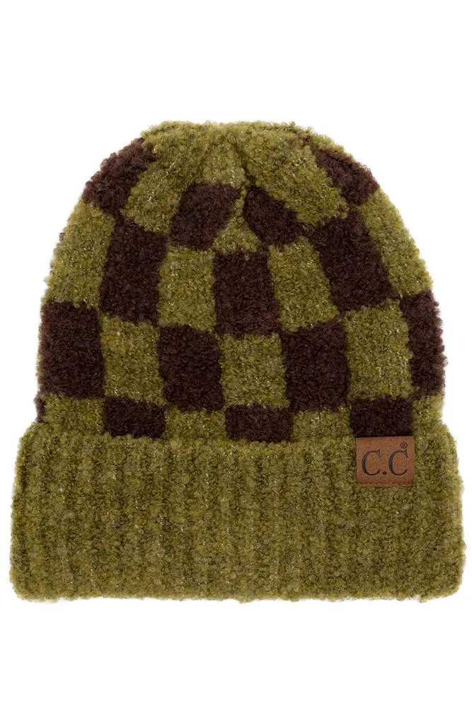 C.C Checkered Pattern Boucle Cuff Beanie