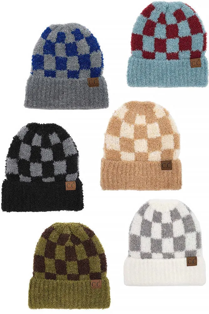 C.C Checkered Pattern Boucle Cuff Beanie