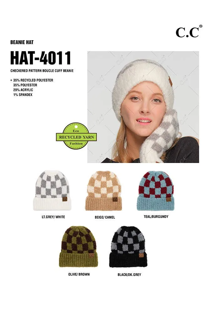 C.C Checkered Pattern Boucle Cuff Beanie