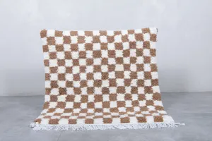 Checkered Moroccan Rug - Handwoven 3.2 x 3.3 Feet | Brown & White Wool Accent
