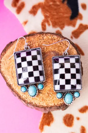 Checkered Reba Rectangle Silvertone Earrings