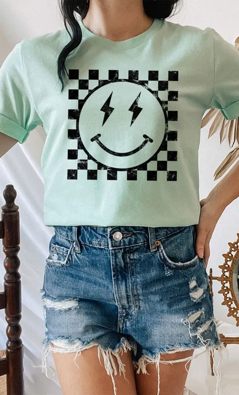 Checkered Smiley Graphic Tee - Curvy 