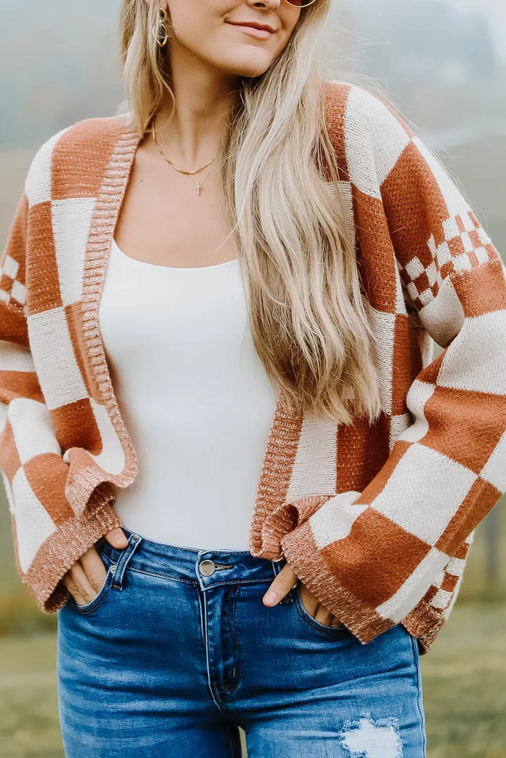 Chestnut Mix Checkered Open Front Sweater Cardigan