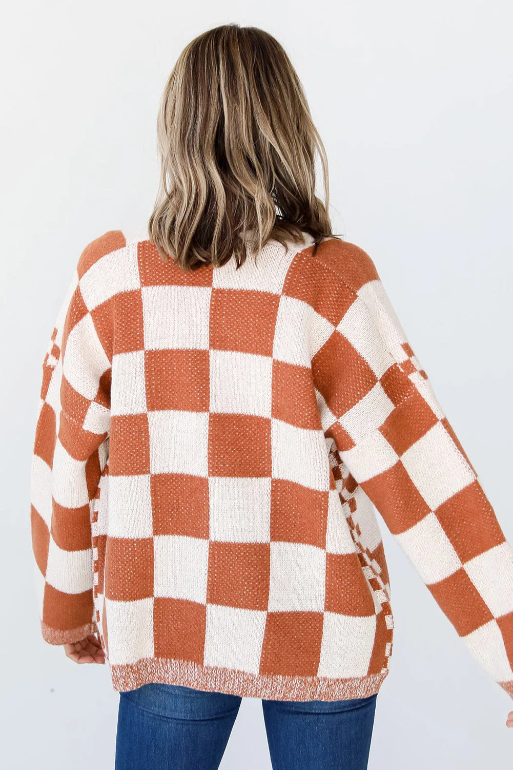 Chestnut Mix Checkered Open Front Sweater Cardigan