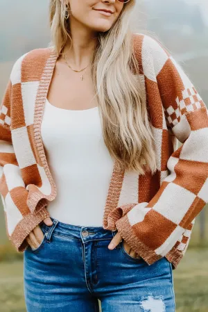 Chestnut Mix Checkered Open Front Sweater Cardigan