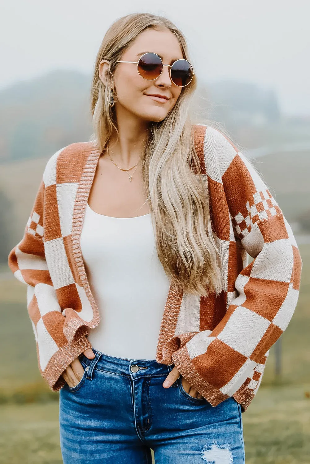 Chestnut Mix Checkered Open Front Sweater Cardigan
