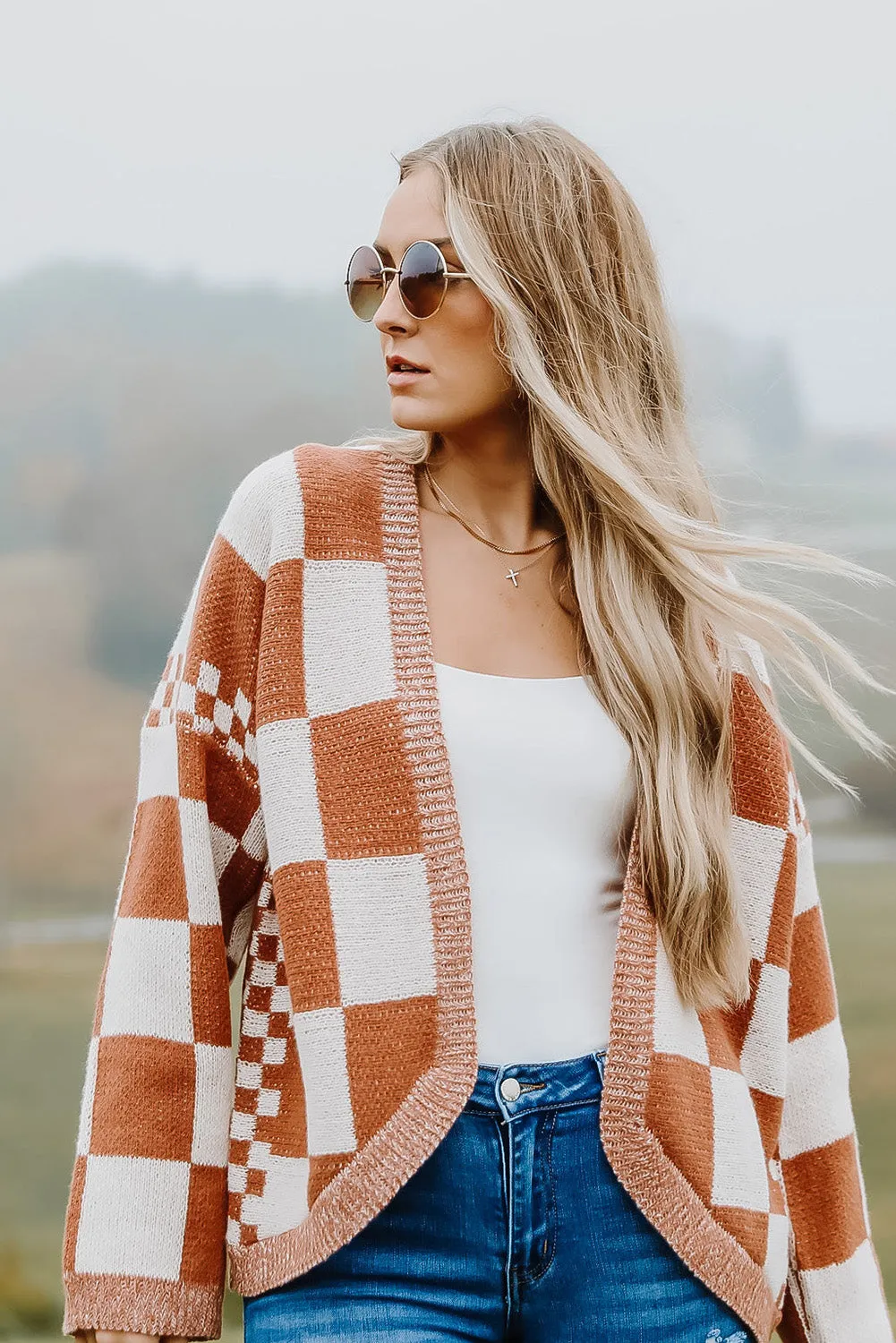 Chestnut Mix Checkered Open Front Sweater Cardigan