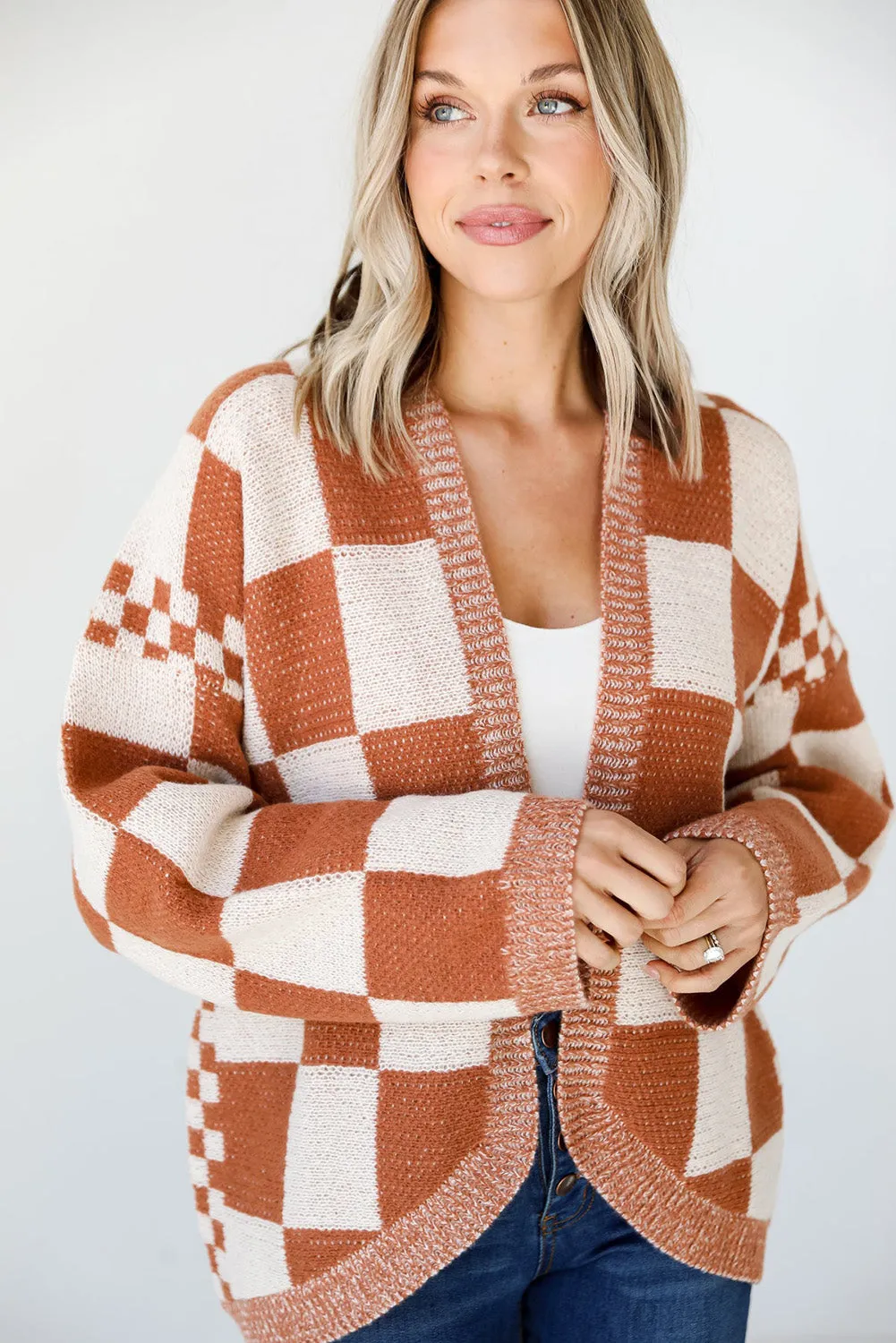 Chestnut Mix Checkered Open Front Sweater Cardigan