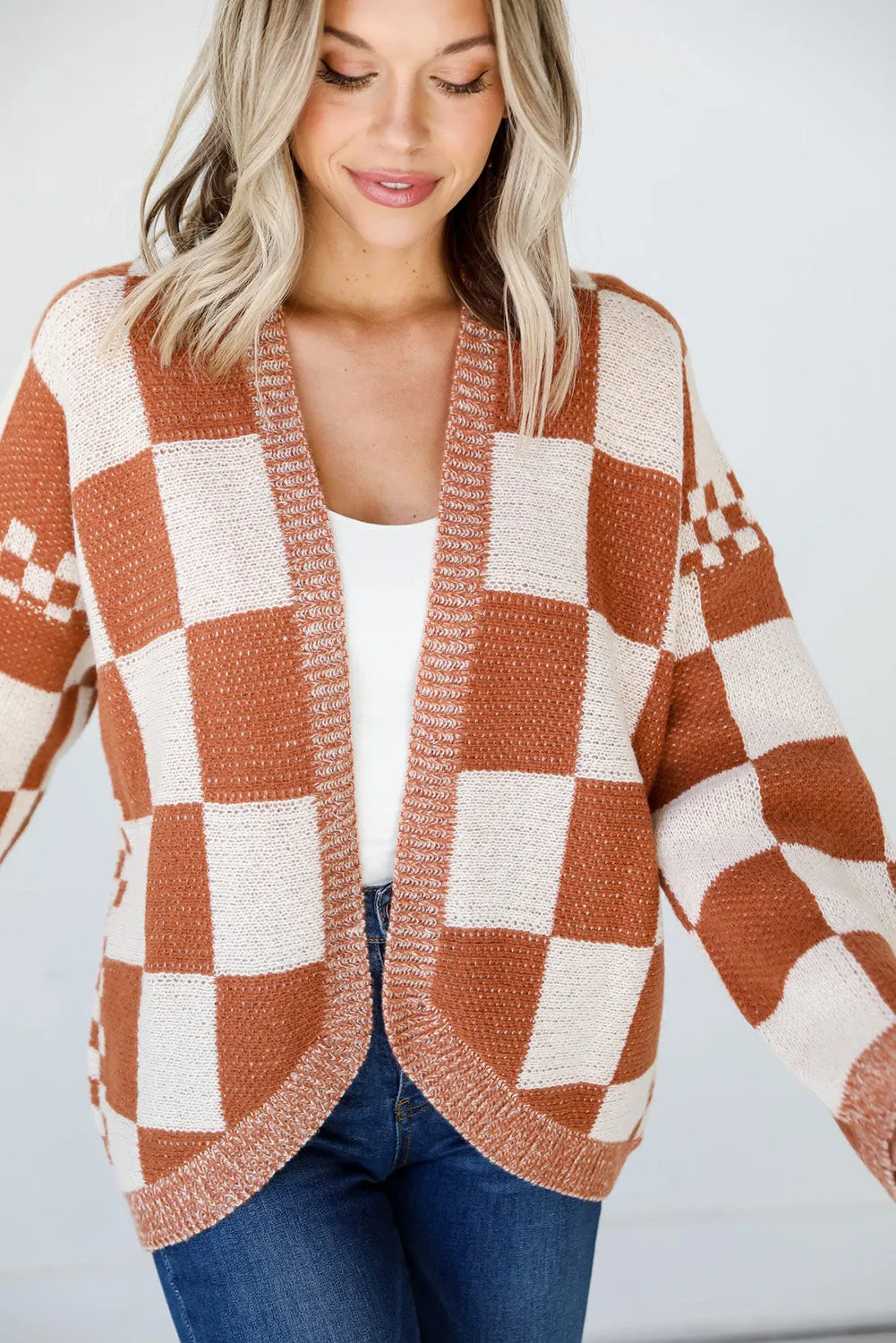 Chestnut Mix Checkered Open Front Sweater Cardigan
