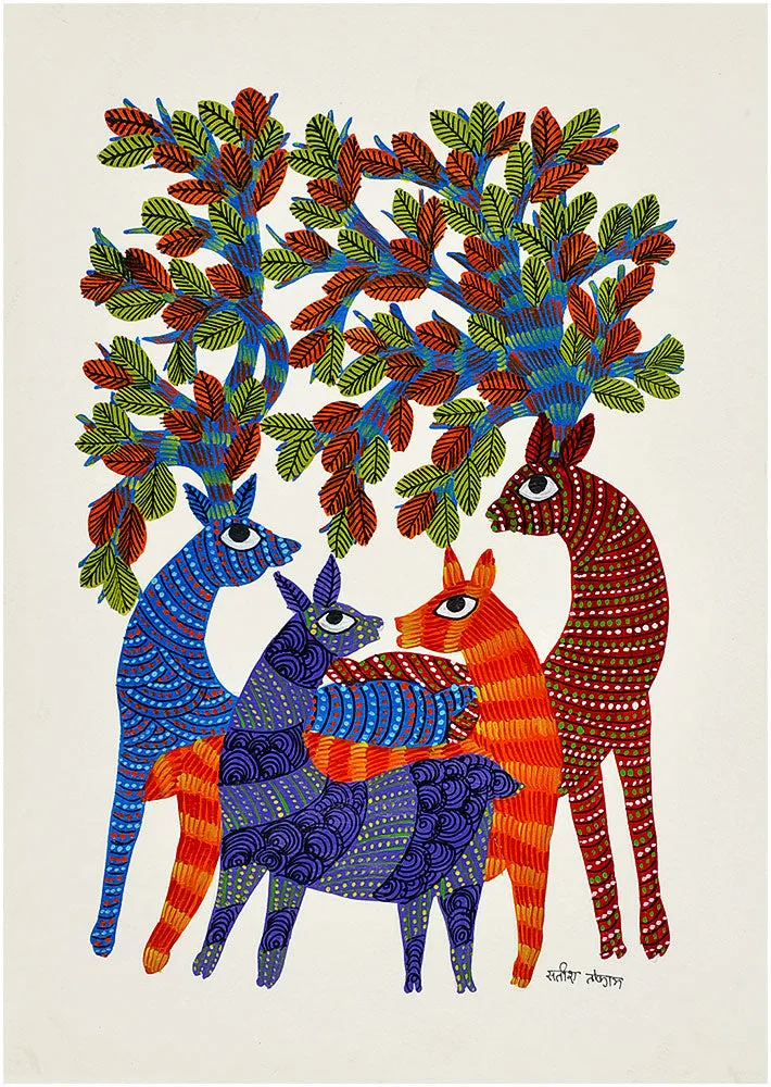 Colorful Deers - Gond Painting