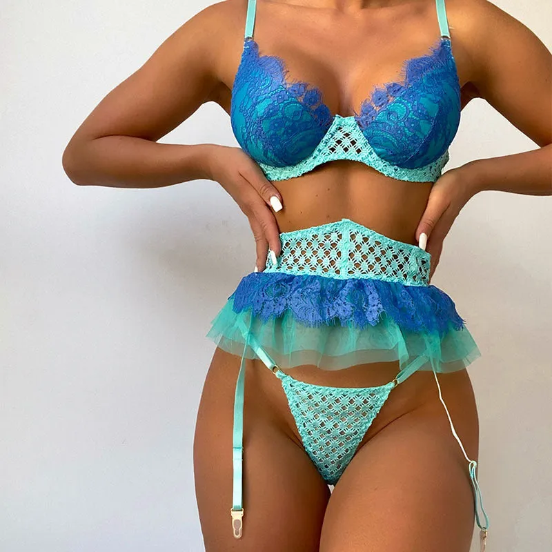 Colorful Eyelash Lace Ruffled Garter Lingerie Set