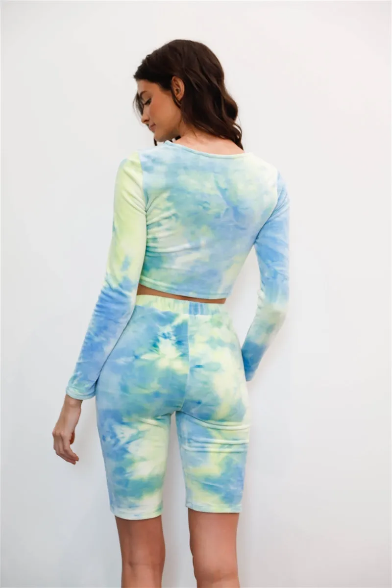 Colorful Tie-dye Velvet Cropped Top & Biker Shorts Set
