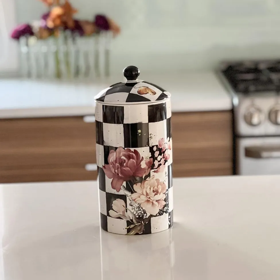 (D) Chic Checkered Porcelain Cookie Jar, Black and White (Large)