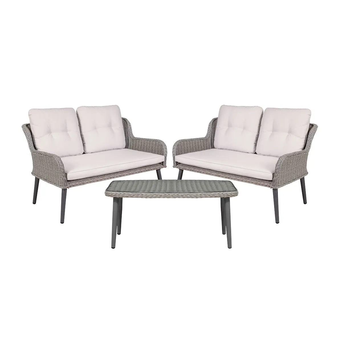 Dellonda Buxton Rattan Wicker 3 Piece Outdoor Balcony Coffee Table Set, Grey