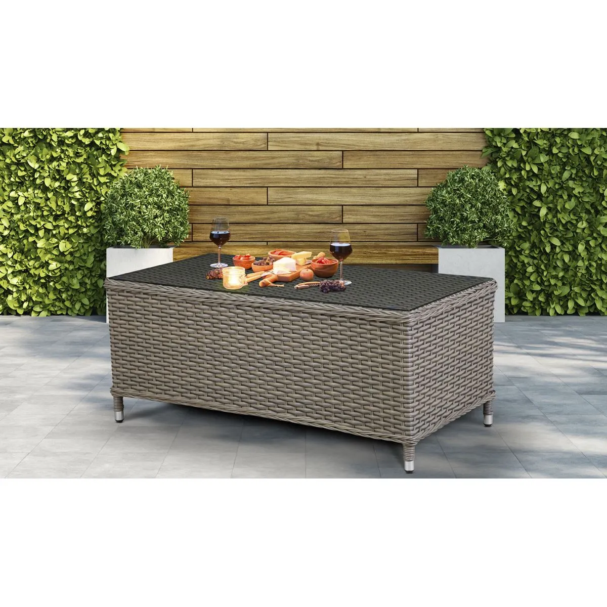 Dellonda Chester Rattan Wicker Outdoor Coffee Table with Tempered Glass Top, Brown