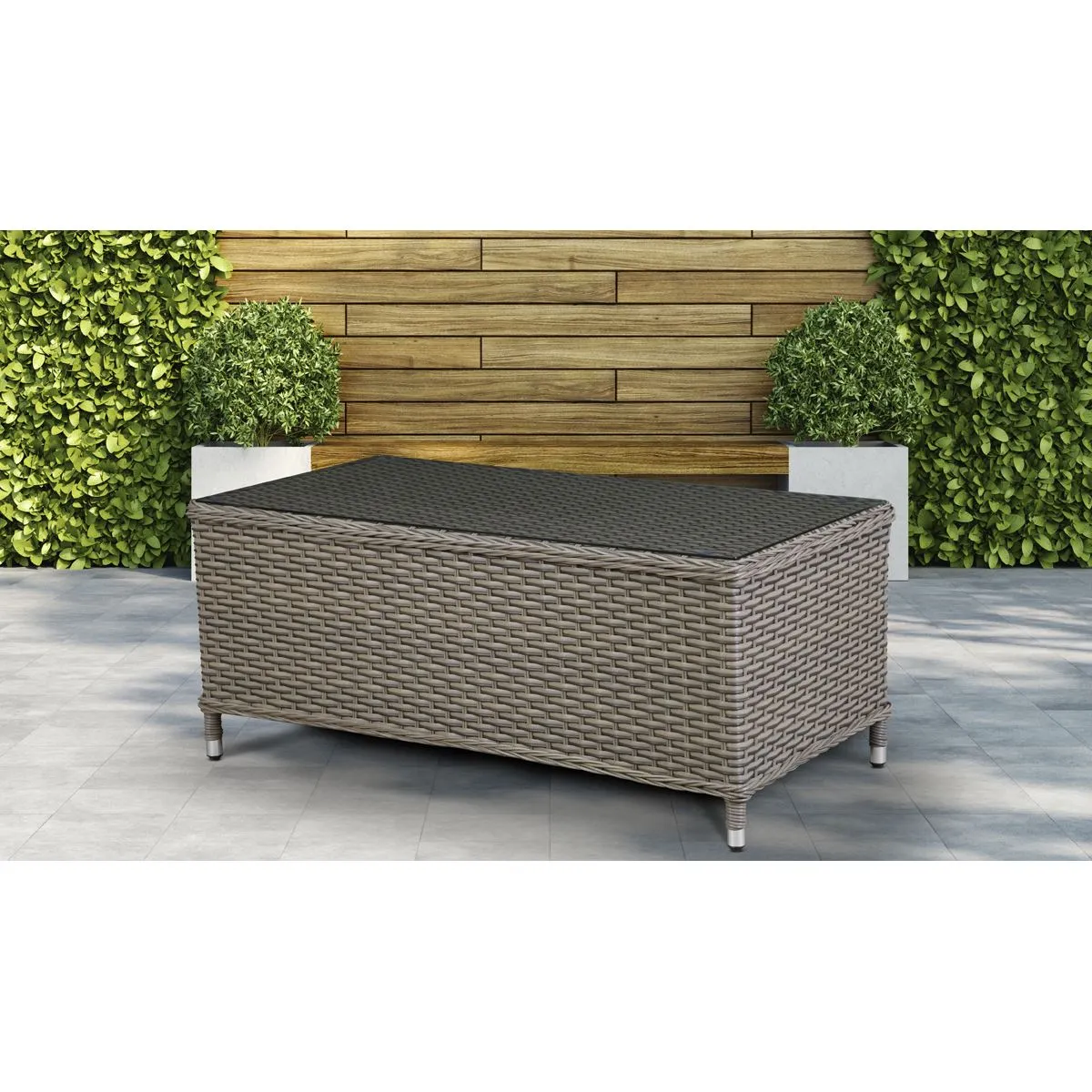 Dellonda Chester Rattan Wicker Outdoor Coffee Table with Tempered Glass Top, Brown