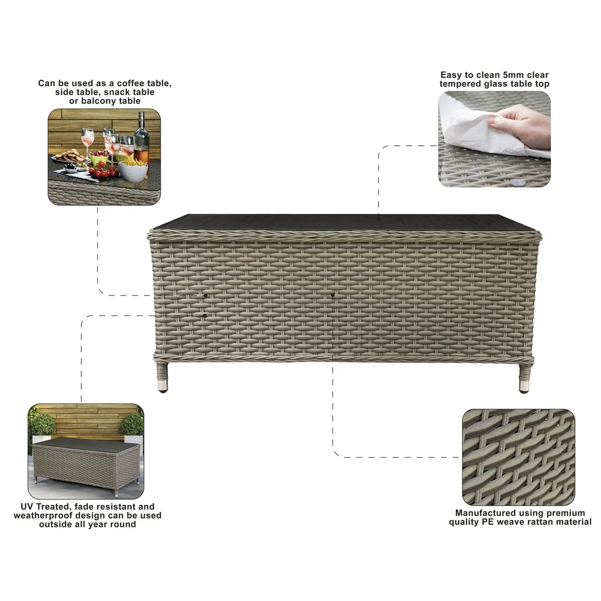 Dellonda Chester Rattan Wicker Outdoor Coffee Table with Tempered Glass Top, Brown