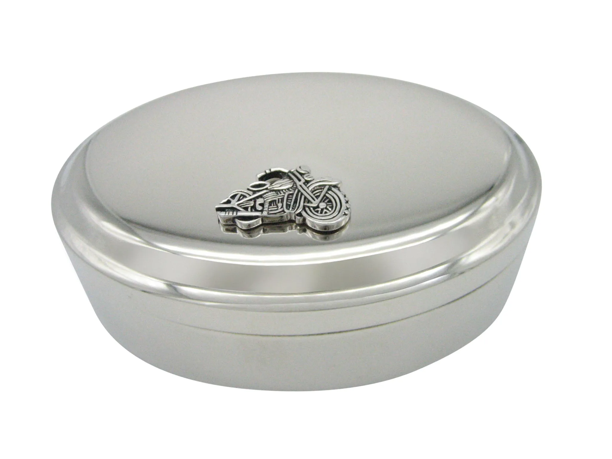 Detailed Black and Silver Toned Motorcycle Pendant Oval Trinket Jewelry Box