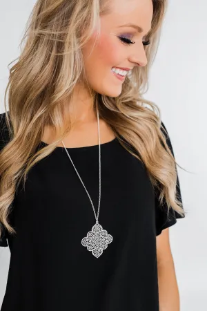 Detailed Diamond Pendant Necklace- Silver